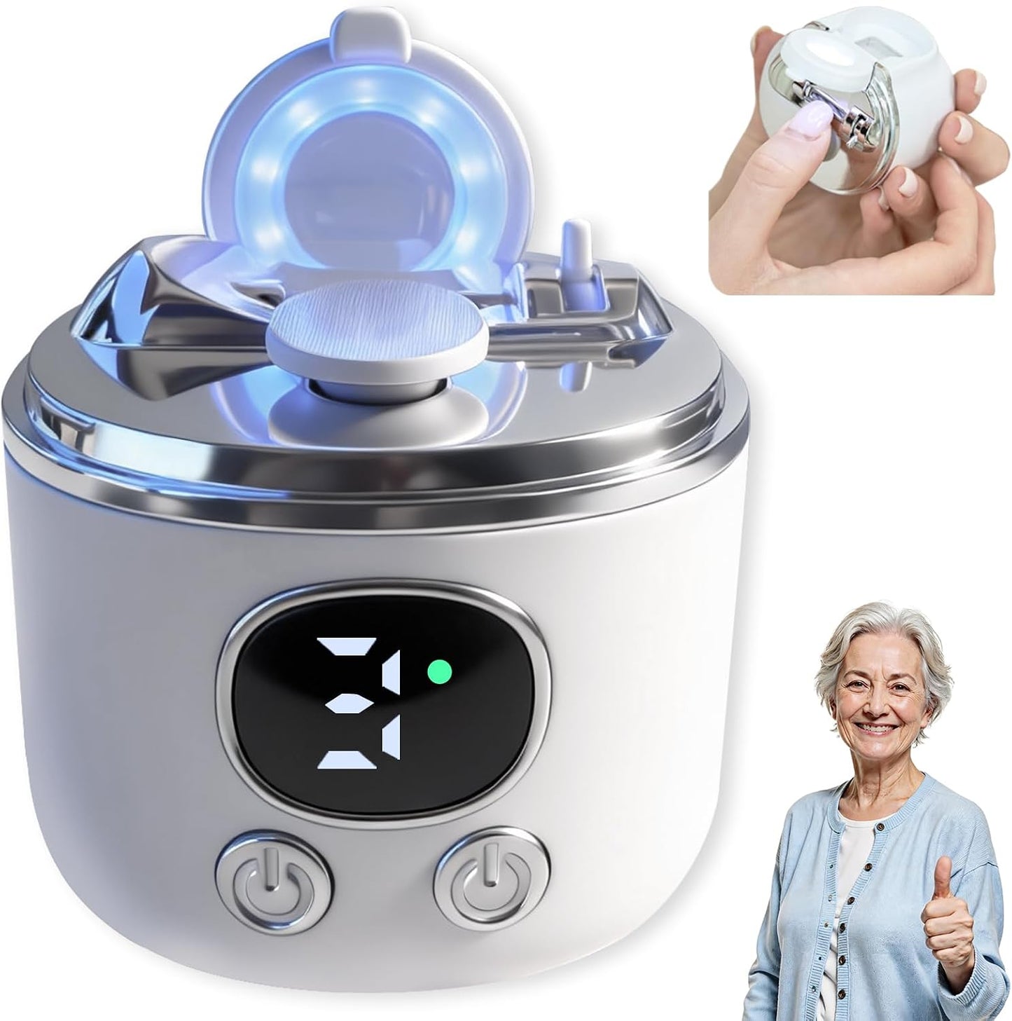 Electric Nail Clippers for Seniors - 3-Speed Automatic Trimmer with LED Light & Magnifying Glass | Adjustable for All Ages (White)