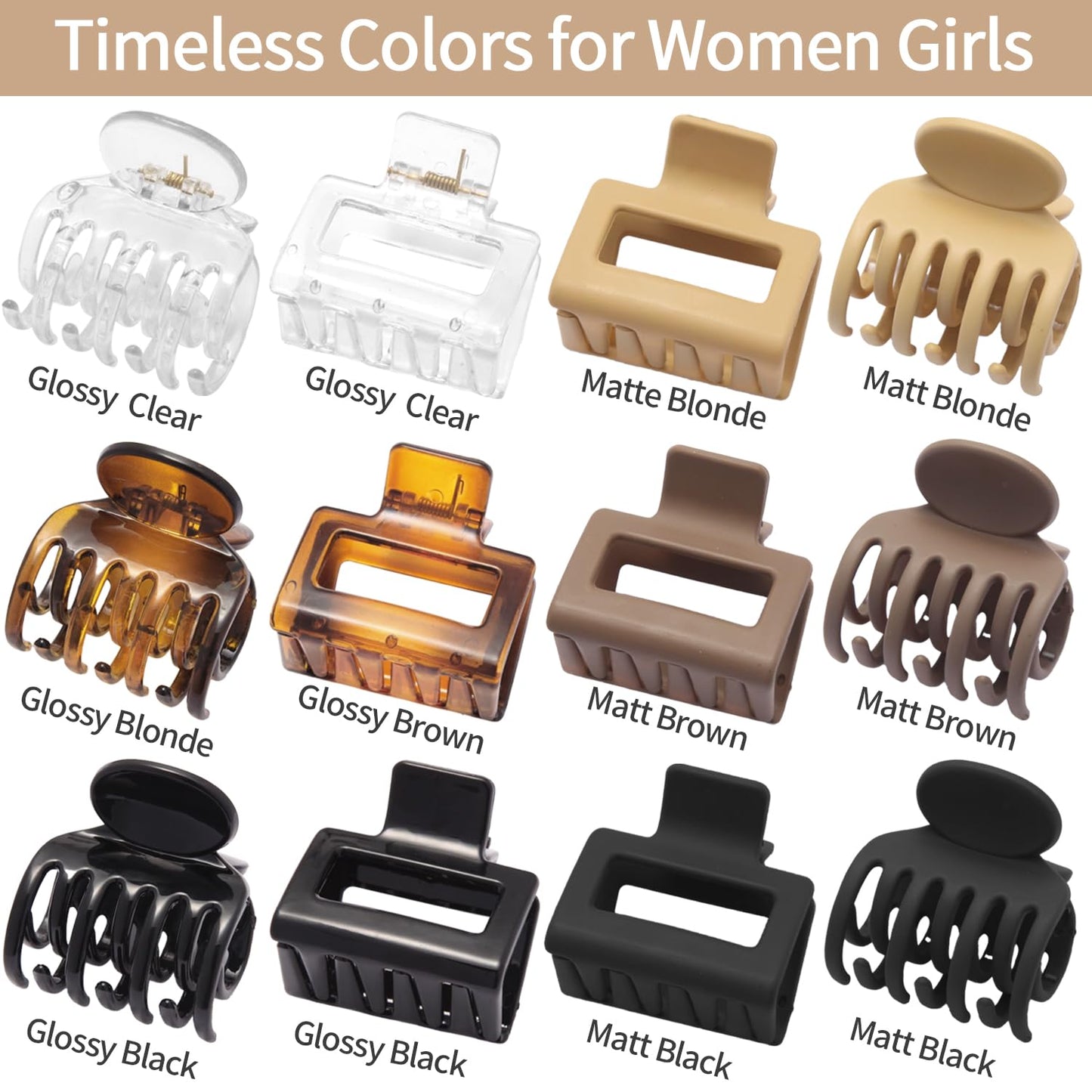 Medium Hair Clips for Women | 12-Pack Small Claw Clips for All Hair Types - No Slip, Double Row Design