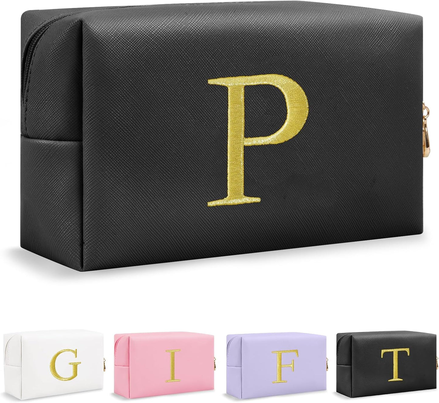 Personalized Initial Makeup Bag - Gold Embroidered Cosmetic Bag for Teens | Custom Travel Toiletry Bag (Black)