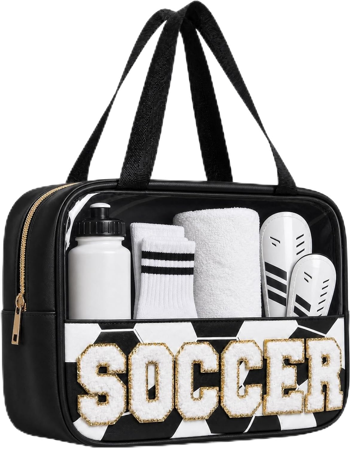 Clear Soccer Makeup Bag for Girls - Chenille Letter Design | Portable Travel Toiletry Pouch