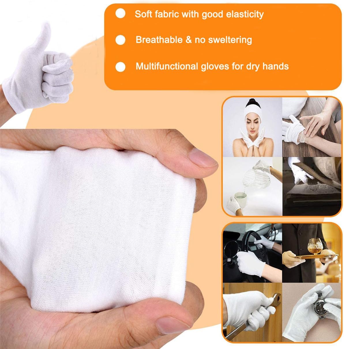White Cotton Gloves for Eczema Relief - Breathable Moisturizing Spa Liners | Soft Stretchy Fit for Men & Women, Sizes S-M-L
