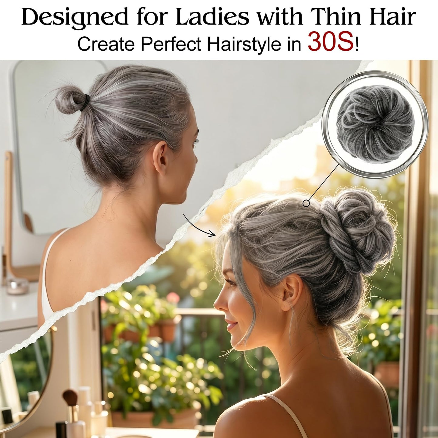 MEEZY Grey White Large Messy Bun Piece Hair Scrunchies for Women, 1.94 Oz Thick Wavy Curly Elastic Hair Bun Ponytail Extensions Synthetic Wigs Hairpieces with Pins for Updo Wedding Cosplay Costume