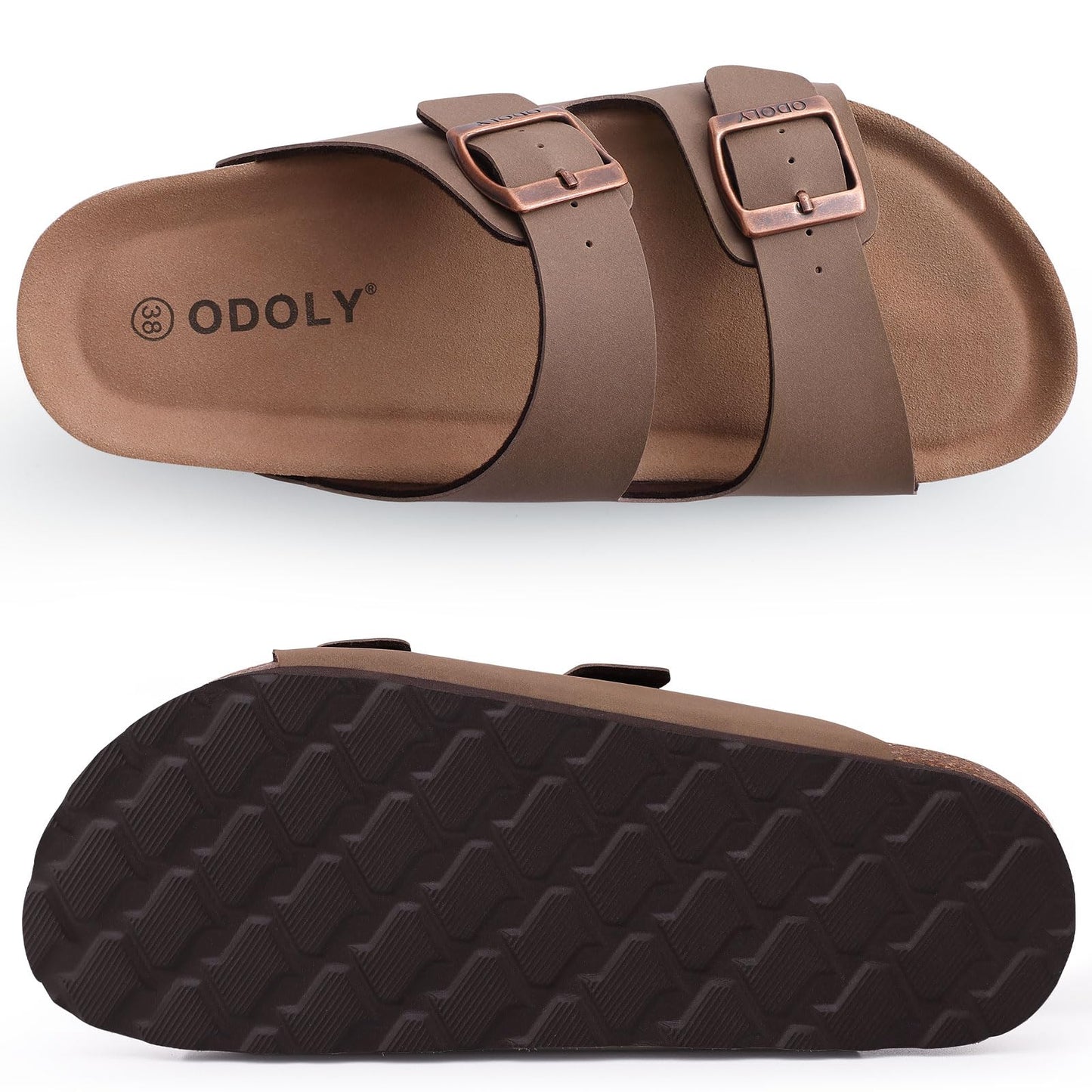 ODOLY Unisex Cork Footbed Slide Sandal, Arch Support Summer Outdoor Sandals with Adjustable Buckle for Women and Men, Brown 39 (8 Women/6.5 Men)