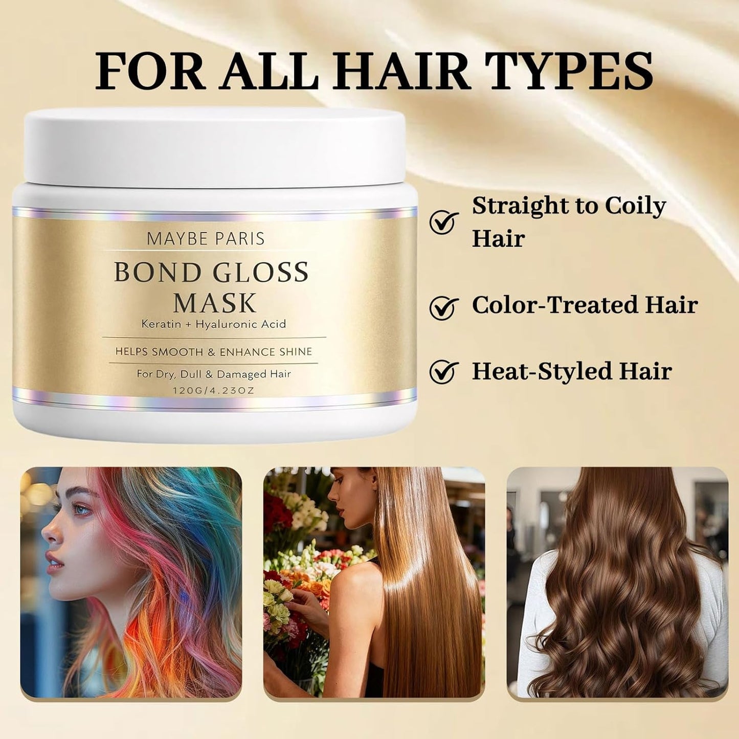 Maybe Paris Bond Gloss Hair Mask - Deep Repair with Hydrolyzed Keratin & Hyaluronic Acid | 1PC for Dry, Damaged Hair