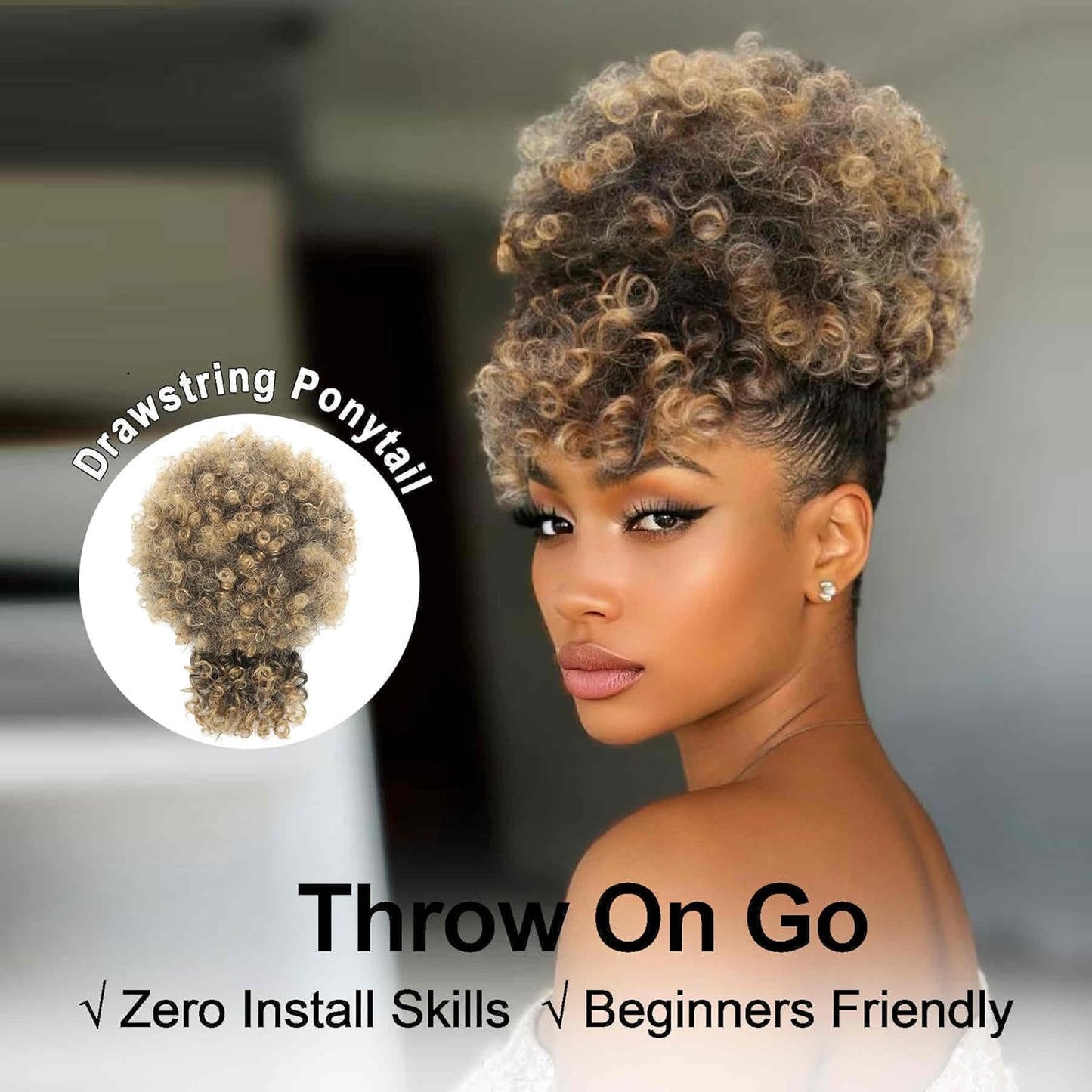Ponytail Extensions with Bangs - Afro Puff Kinky Curly Hairpiece for Women | Short Natural Updo (1BT27)