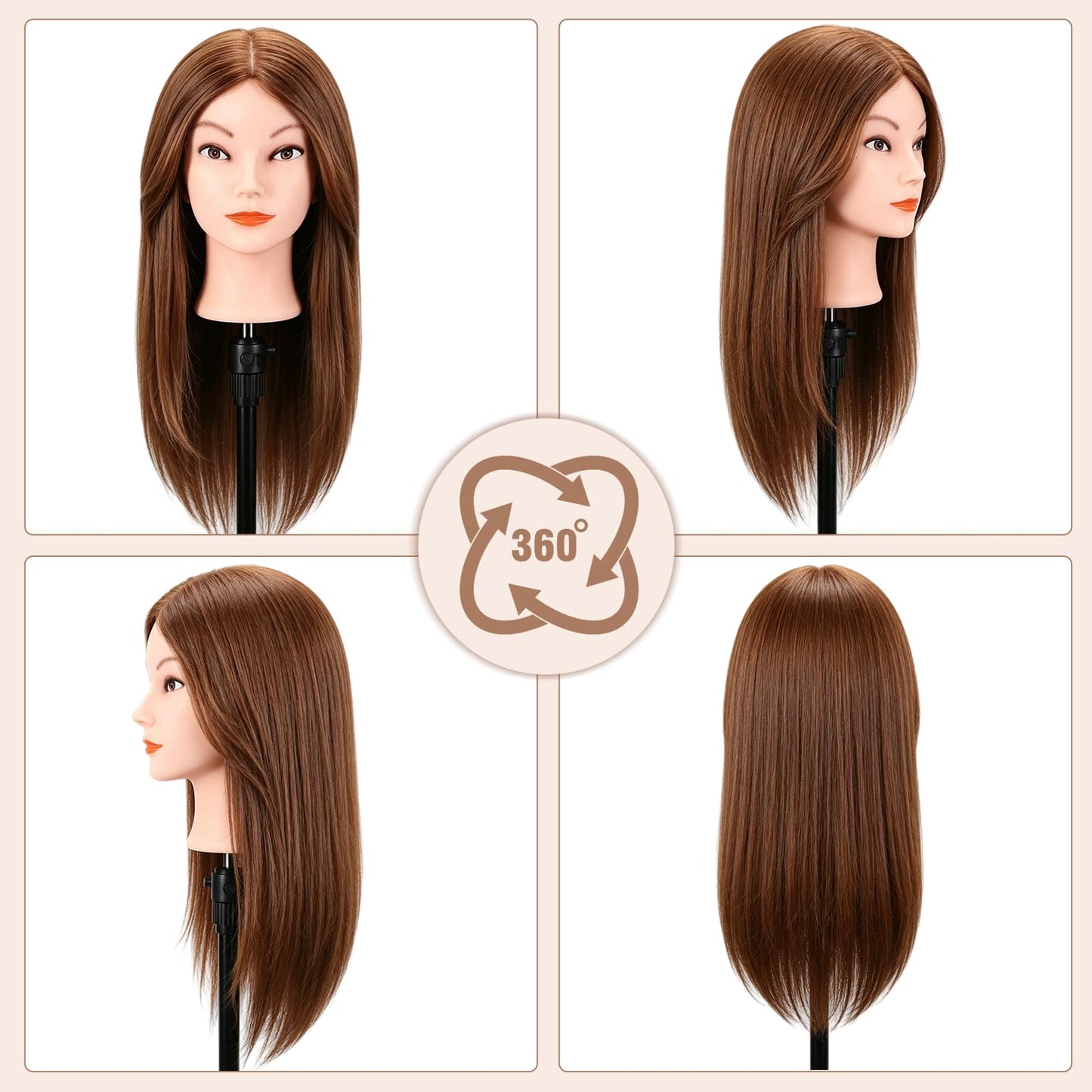 Mannequin Head with 100% Real Human Hair, Beauty Star Manikin Doll Head for Hair Styling, Cosmetology Hairdressing Training Practice Head with Clamp Stand and Braiding Accessories Kit (18" Dark Brown)