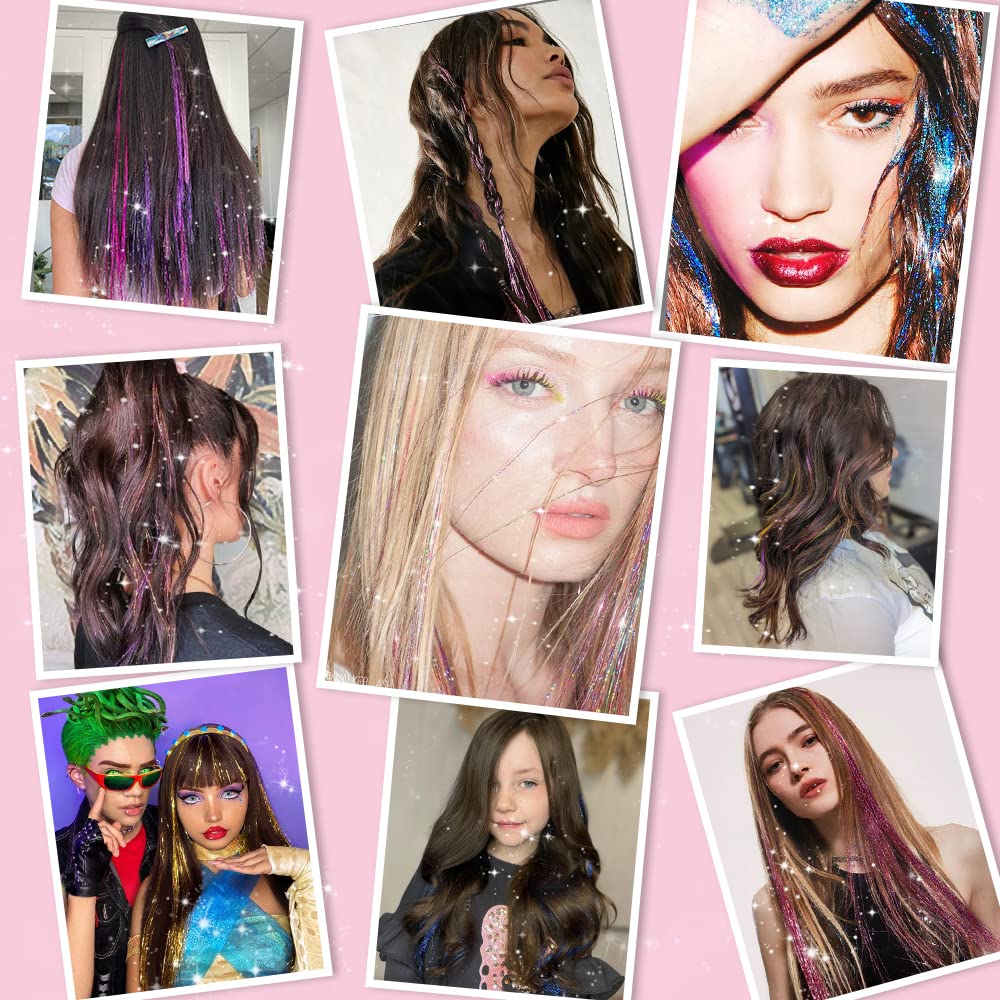 Clip In Hair Tinsel Extensions - 20 Inch Glitter Strands for Festivals | 12 Pcs Black Dazzle Kit for Women & Girls