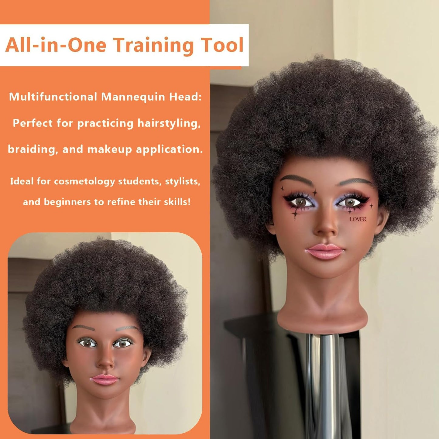 Sakalaka 10″ Afro Kinky Hair Mannequin Head with Stand for Braiding Hair Training 100% Human Hair Mannequin Head Cosmetology Doll Head for Styling Cutting & Twist Sets