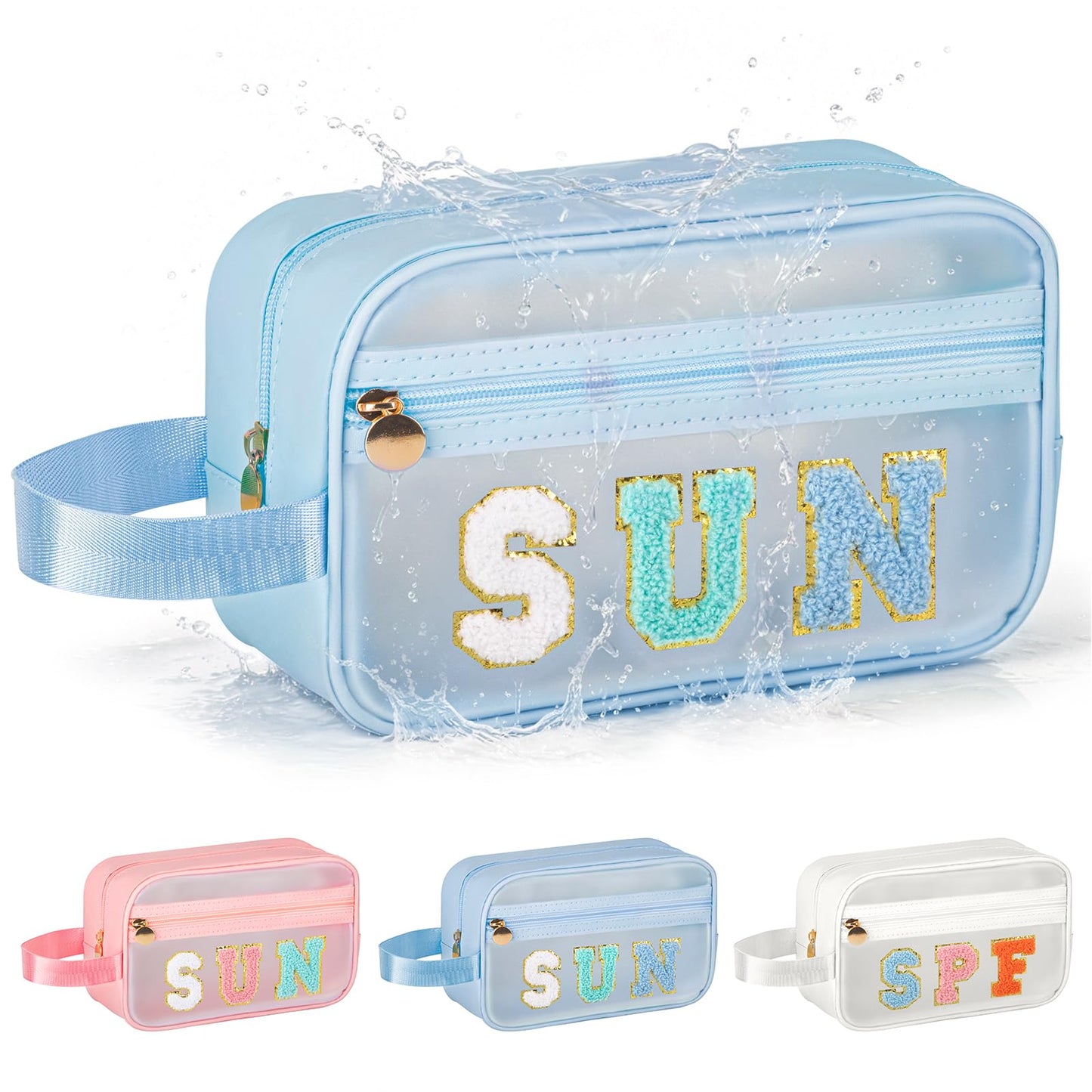 Kcjdd Clear Sunscreen Bags For Beach Pool With Handle, Waterproof Personalized Sun Bag Travel Toiletry Makeup Bag,Travel Beach Pool Summer Essentials SPF Bag For Women Girls(