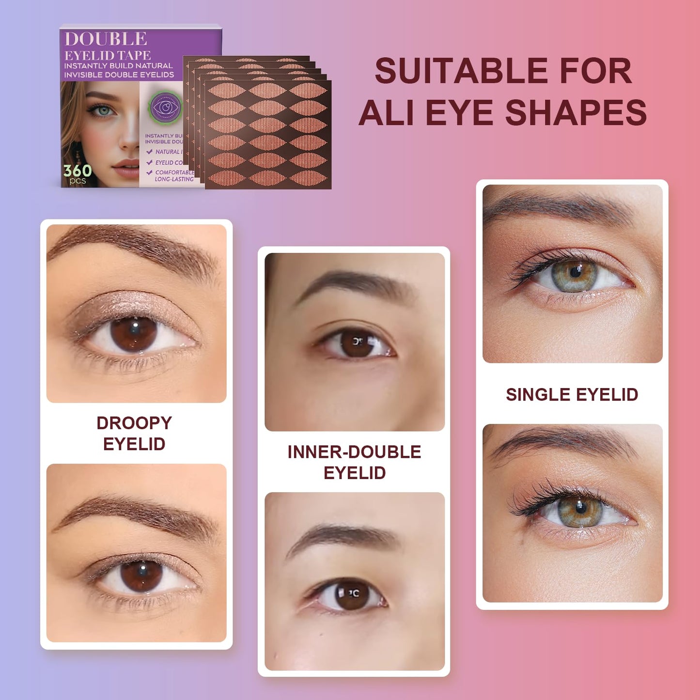 Majaium Natural Invisible Double Eyelid Tape 360pcs - Waterproof Lace Eye Lift Strips for Hooded/Sagging Eyes, Instant Enhancing Adhesive with Seamless Blend for All Eyelid Types