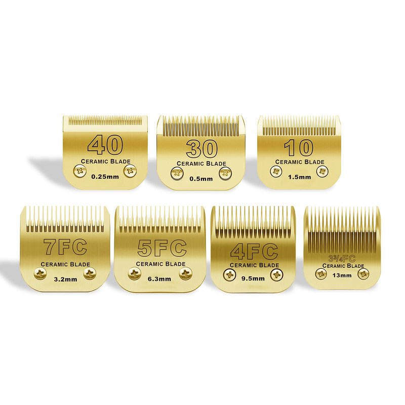 7 Pack Detachable Pet Dog Grooming Clipper Ceramic Blades Set,Compatible with Andis,Oster A5,Wahl KM10 Series Clippers,Gold (10+30+40+7FC+5FC+4FC+3FC)