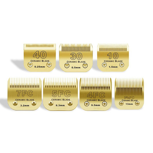 7 Pack Detachable Pet Dog Grooming Clipper Ceramic Blades Set,Compatible with Andis,Oster A5,Wahl KM10 Series Clippers,Gold (10+30+40+7FC+5FC+4FC+3FC)