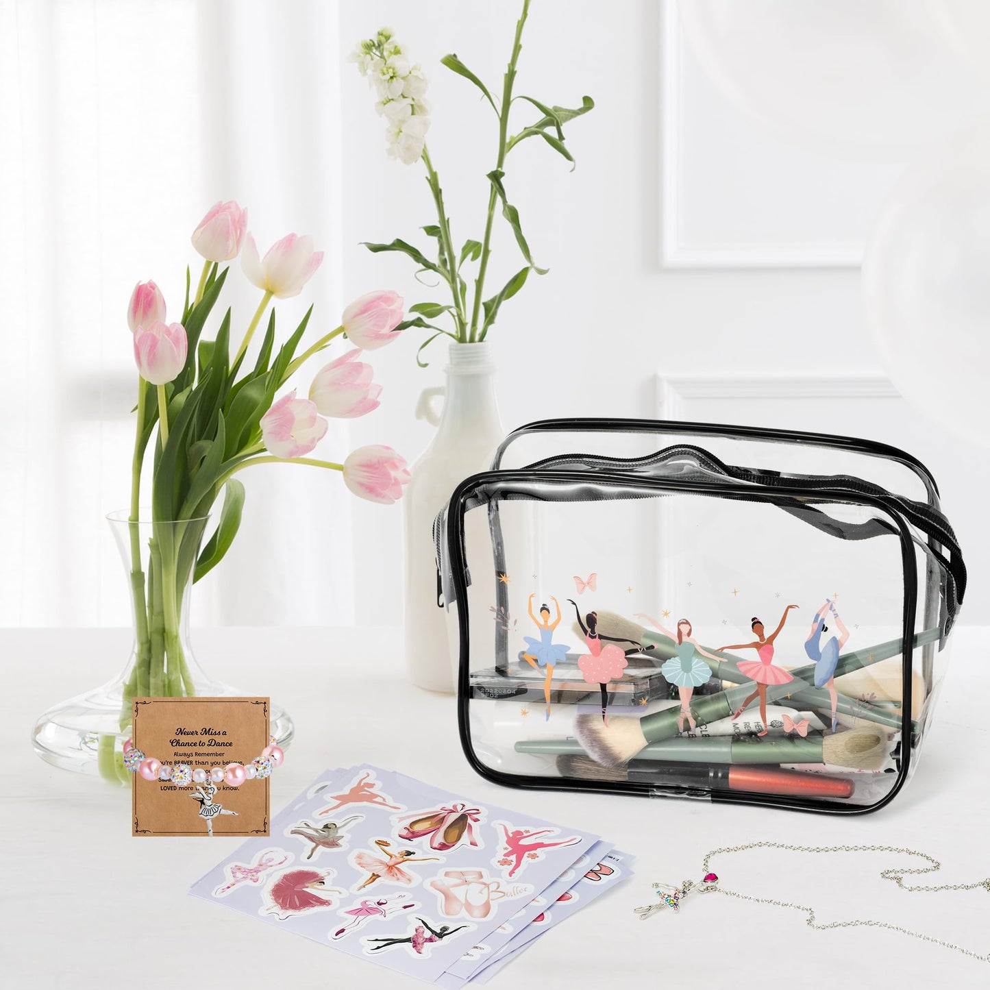 Y1tvei Cute Ballerina Girl PVC Makeup Bag - 64Pcs Ballet Dancing Girl Cosmetic Pouch Recital Gifts, Clear Makeup Bag with Dance Stickers Sparkly Necklace Bracelet Card for Ballet Dancer Birthday Party