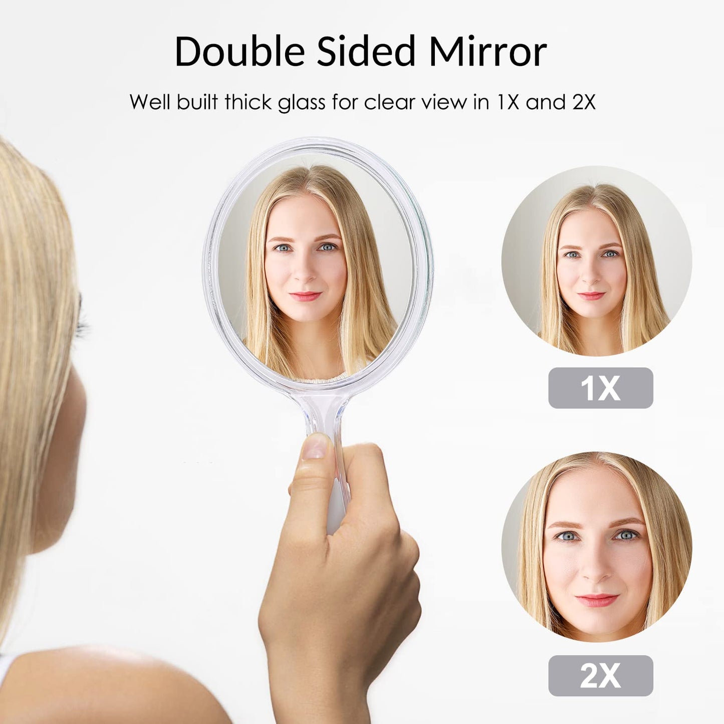 D Handheld Mirror with Handle 3.9" W x 8.3" L Hand Mirror Small Doule Sided Magnifying Mirror 1X 2X, Handle Makeup Mirror, Acrylic Handheld Mirror Rounded Shape, Transparent 1 PCS