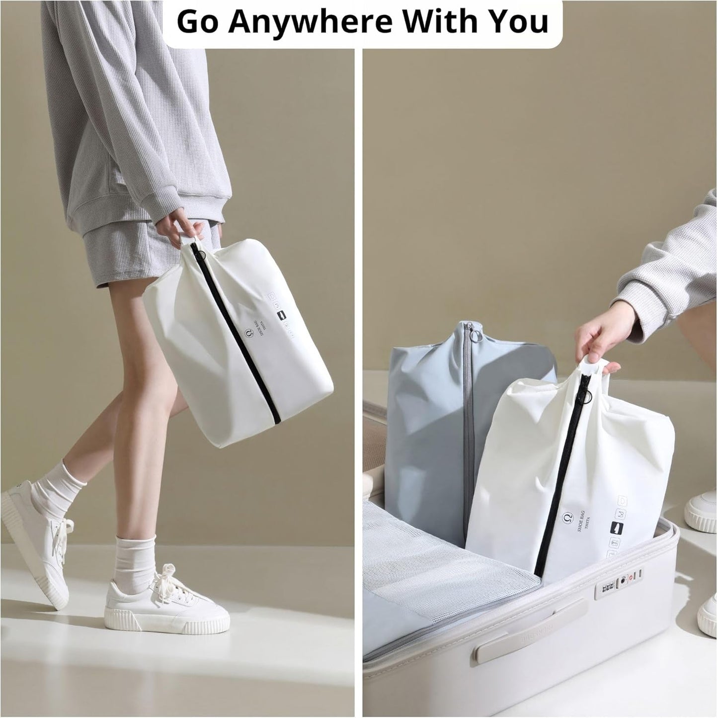 Double-Layer Waterproof Travel Shoe Bag - Comfortable Handle, White | Wide Opening Design
