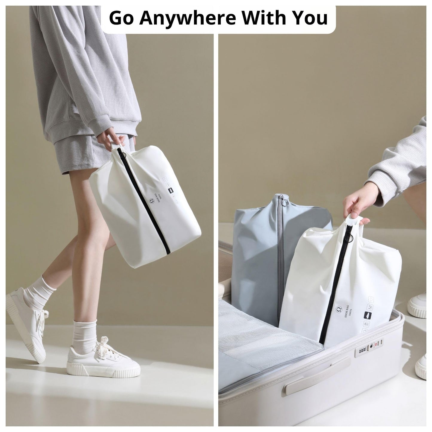 tianzong Double-Layer Fabric Wide-Opening Waterproof Travel Shoe Bag with Comfortable Handle (T400+TPU, Bluish Grey)