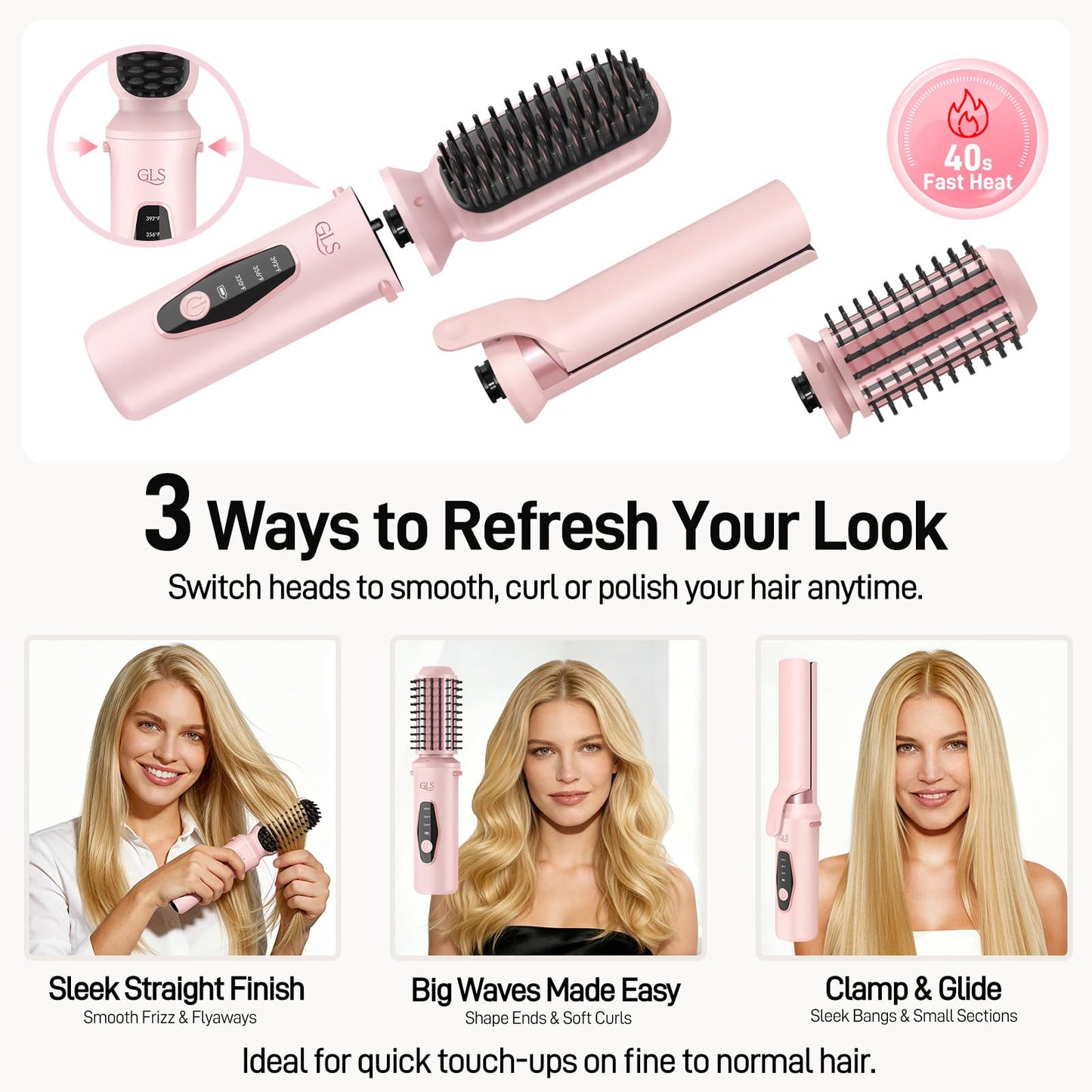 GLS 3-in-1 Cordless Hair Straightener Brush, Portable Cordless Curling Iron Brush and Flat Iron Heads, Hair Styling Set, USB Rechargeable for On-the-Go Styling, Fast Heat, Travel Friendly, Pink
