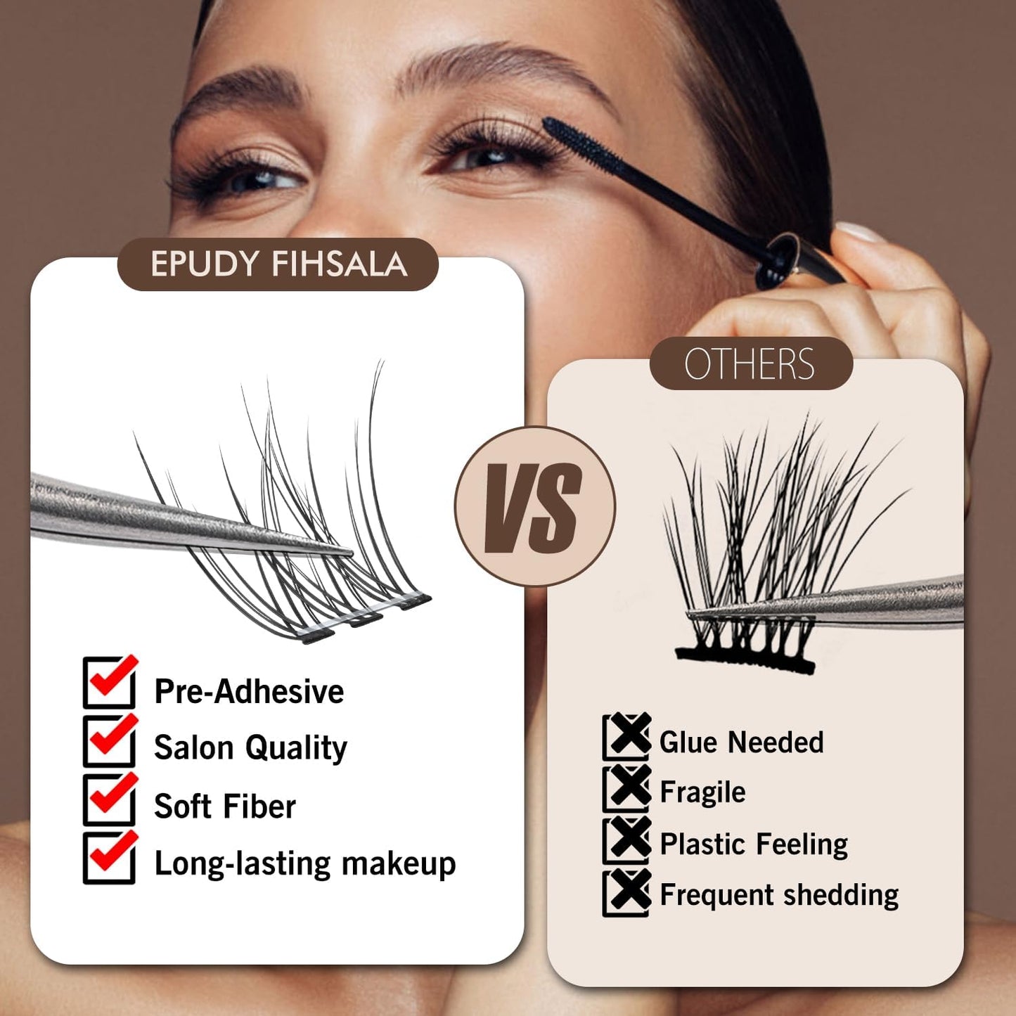 Self Adhesive Lash Clusters No-Stem 10-12mm Short Lash Clusters 156pcs Clear Invisible Band Pre Glued DIY Eyelashes Natural Soft Wispy C-Curl Individual Eyelash Extensions with Tweezers EPUDY FIHSALA
