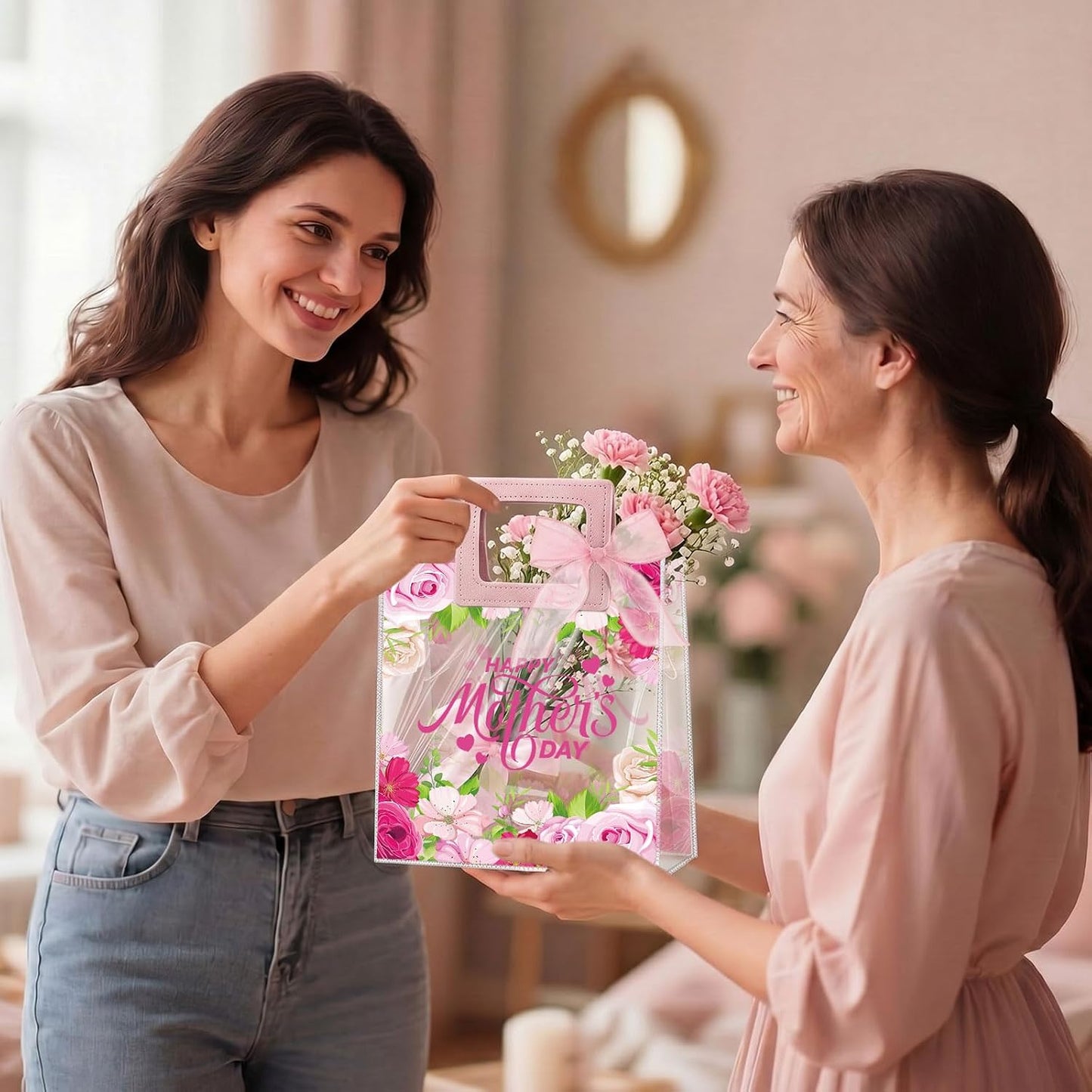 Reusable Floral Mothers Day Gift Bags - 30 Pcs Medium Plastic Tote Bags with Handles | 9x8x3 Inch Waterproof Wrap for Mom & Grandma