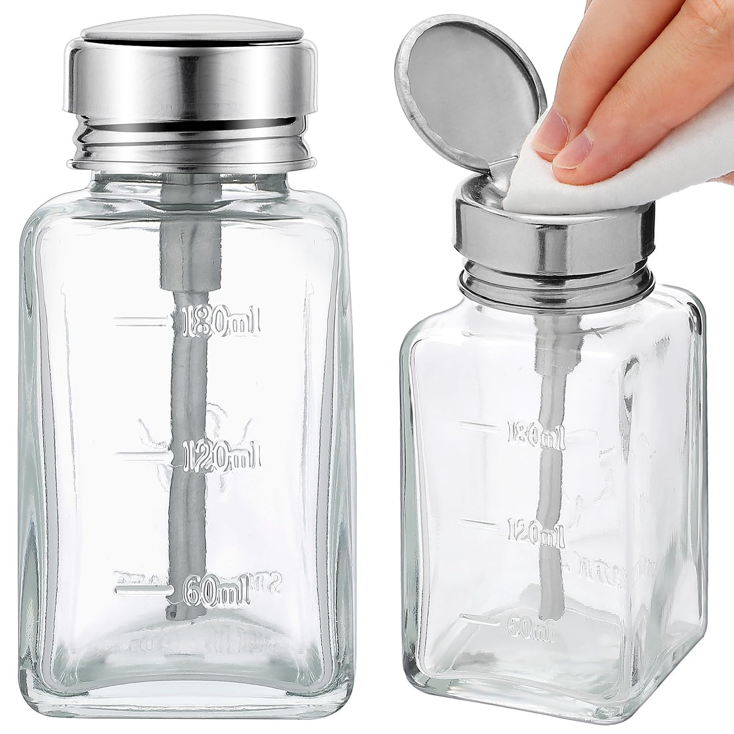Lallisa 2 Pcs 6 Oz/ 180 ml Acetone Pump Dispenser Clear Pump Dispenser Bottle with Flip Cover Glass Nail Polish Remover Push Down Bottle Refillable Press Container for Makeup Remover