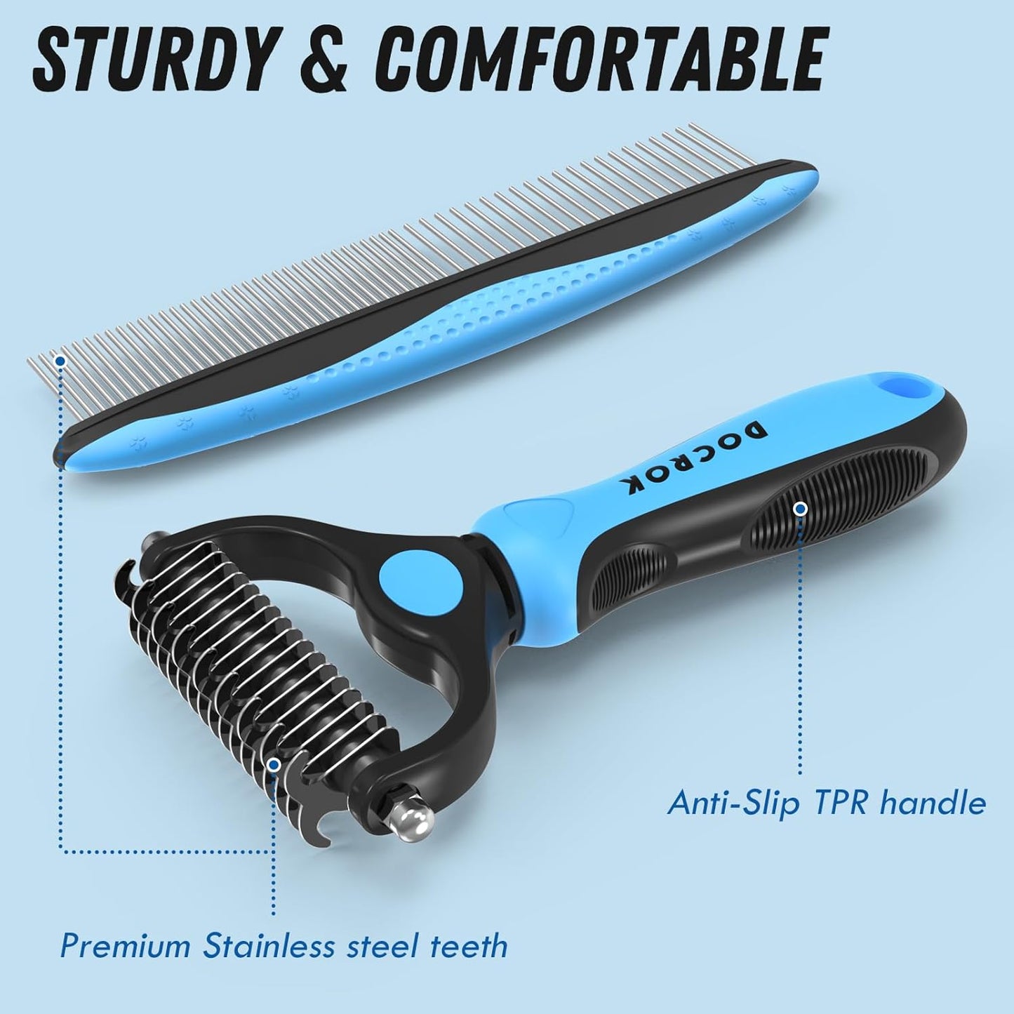 Pet Grooming Combo - Blue Deshedding Brush & Metal Comb for Detangling Long Matted Fur | Ideal for Cats & Dogs