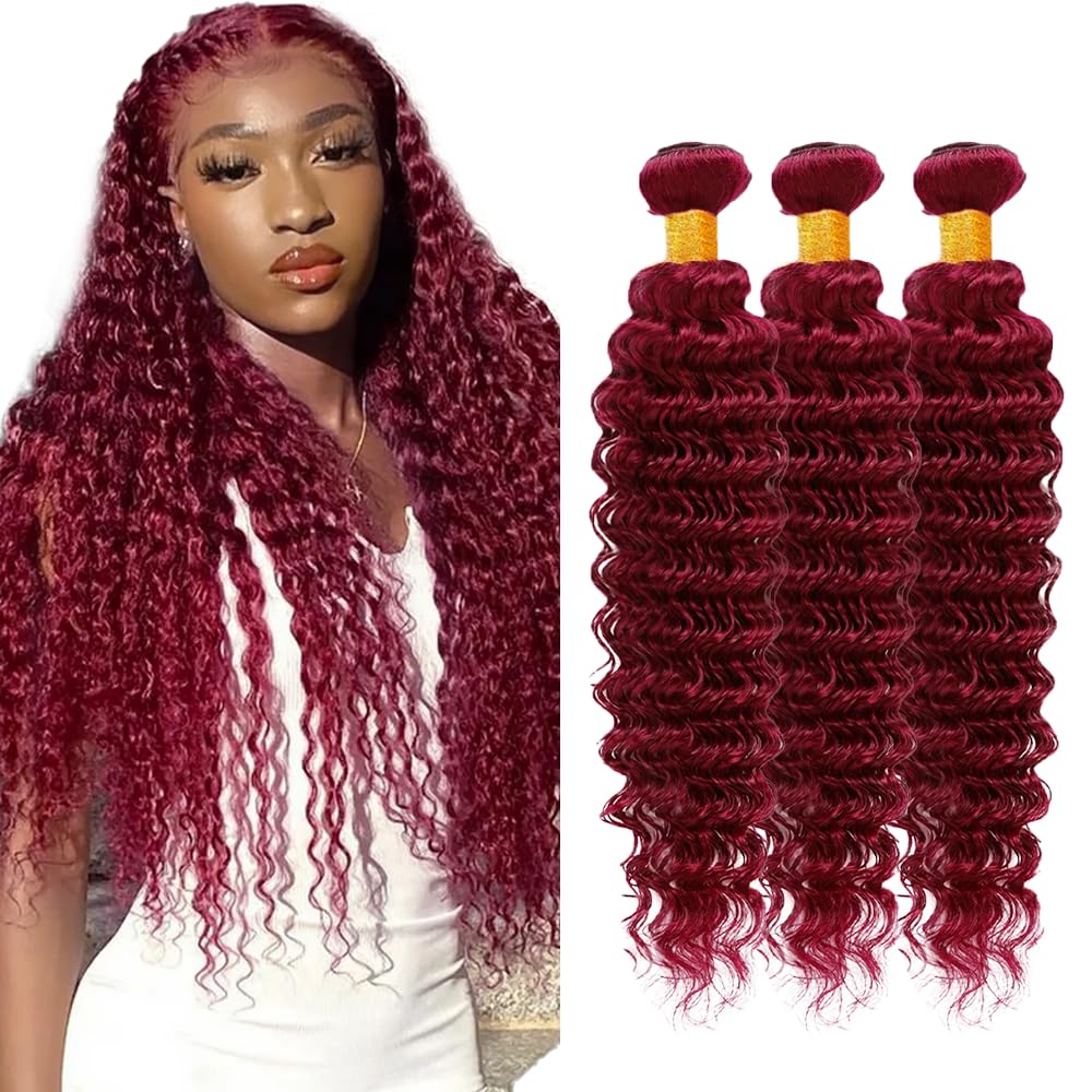 300g Dark Burgundy Bundles Human Hair Wine Red Deep Wave 3 Bundles 28 30 32 inch 99j Burgundy Human Hair Bundle 300g