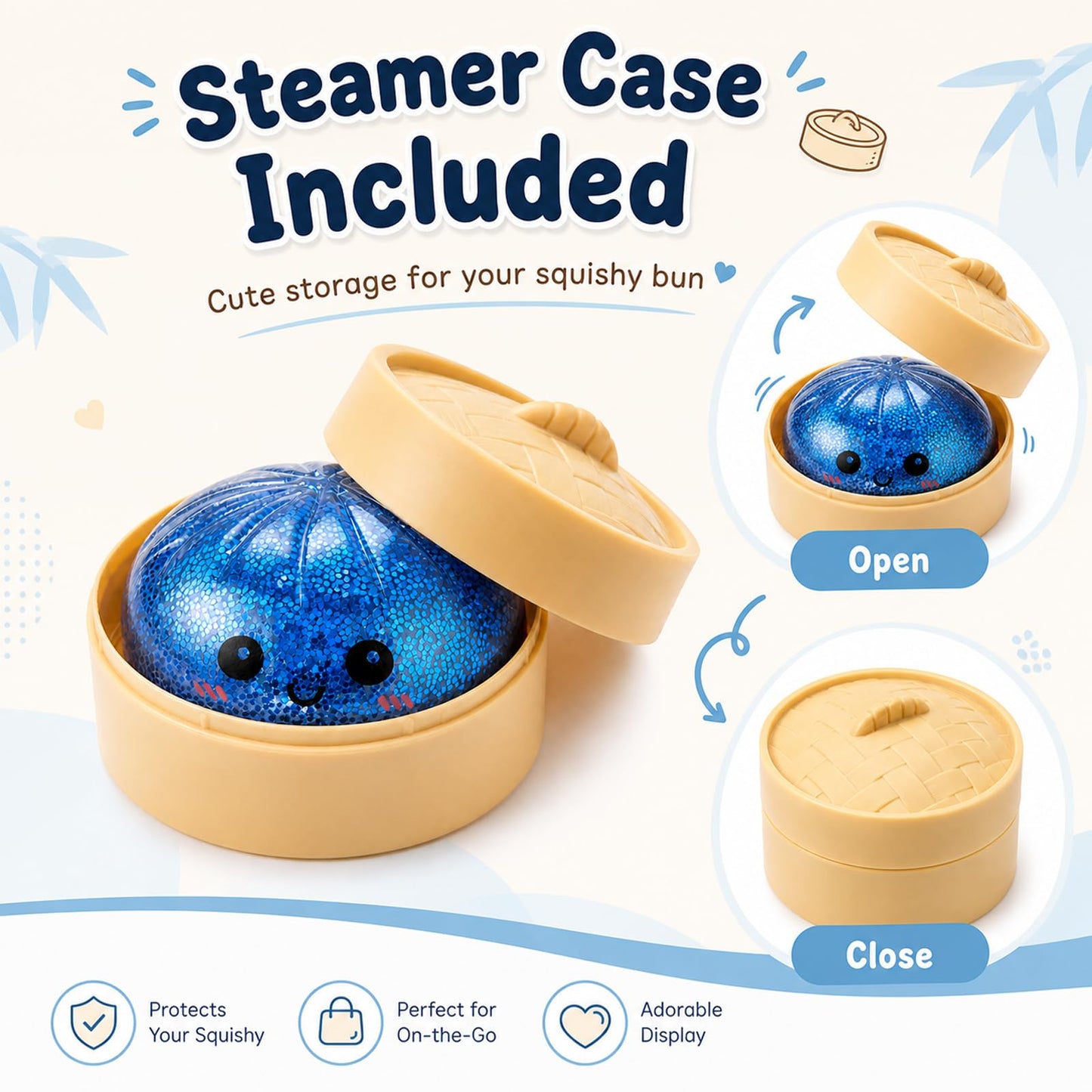 Crossunx Glitter Blue Dumpling Squishies Stress Balls, Colorful Squishies Dumpling Fidget Sensory Toy with Food Steamer, Squeeze Dough Ball for Stress Relief, Stretchy Desk Toys Gift