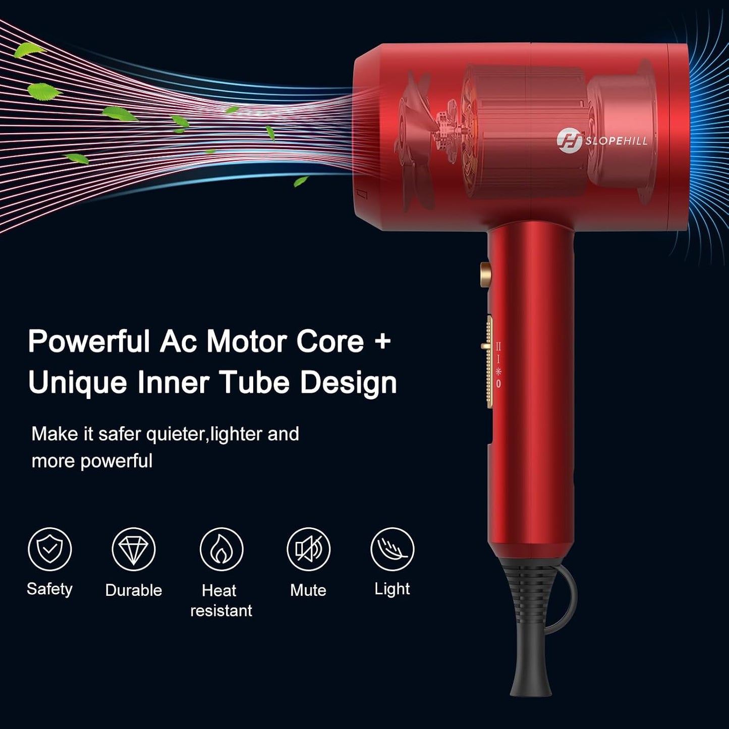 Ionic Hair Dryer - Powerful 1800W Fast Drying with Low Noise | 2 Concentrator Nozzles & 1 Diffuser - Agate Red