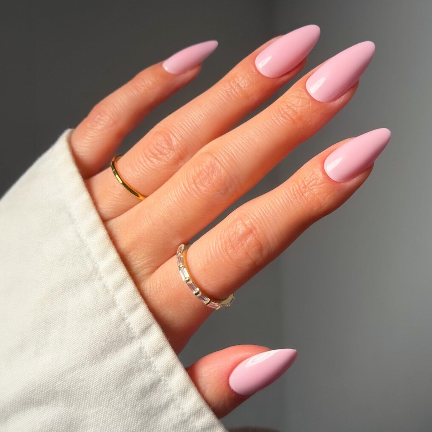 Glamnetic Press On Nails - Medium Almond Fake Nails | Glossy Light Pink Press On Nails, Salon Quality Kit with Glue | Iconic Pink - 30 Nail Set in 15 Sizes