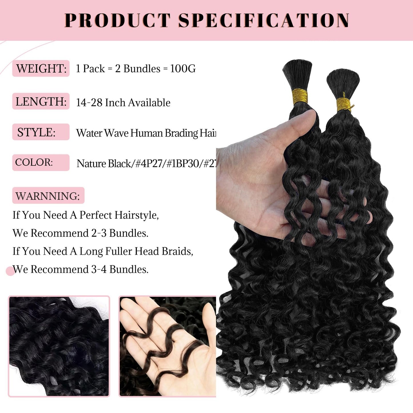 Human Braiding Hair for Boho Water Wave Bulk 100g 24 Inch Curly Knotless 10A Natural Color Extensions for Micro Braiding 2 Bundles