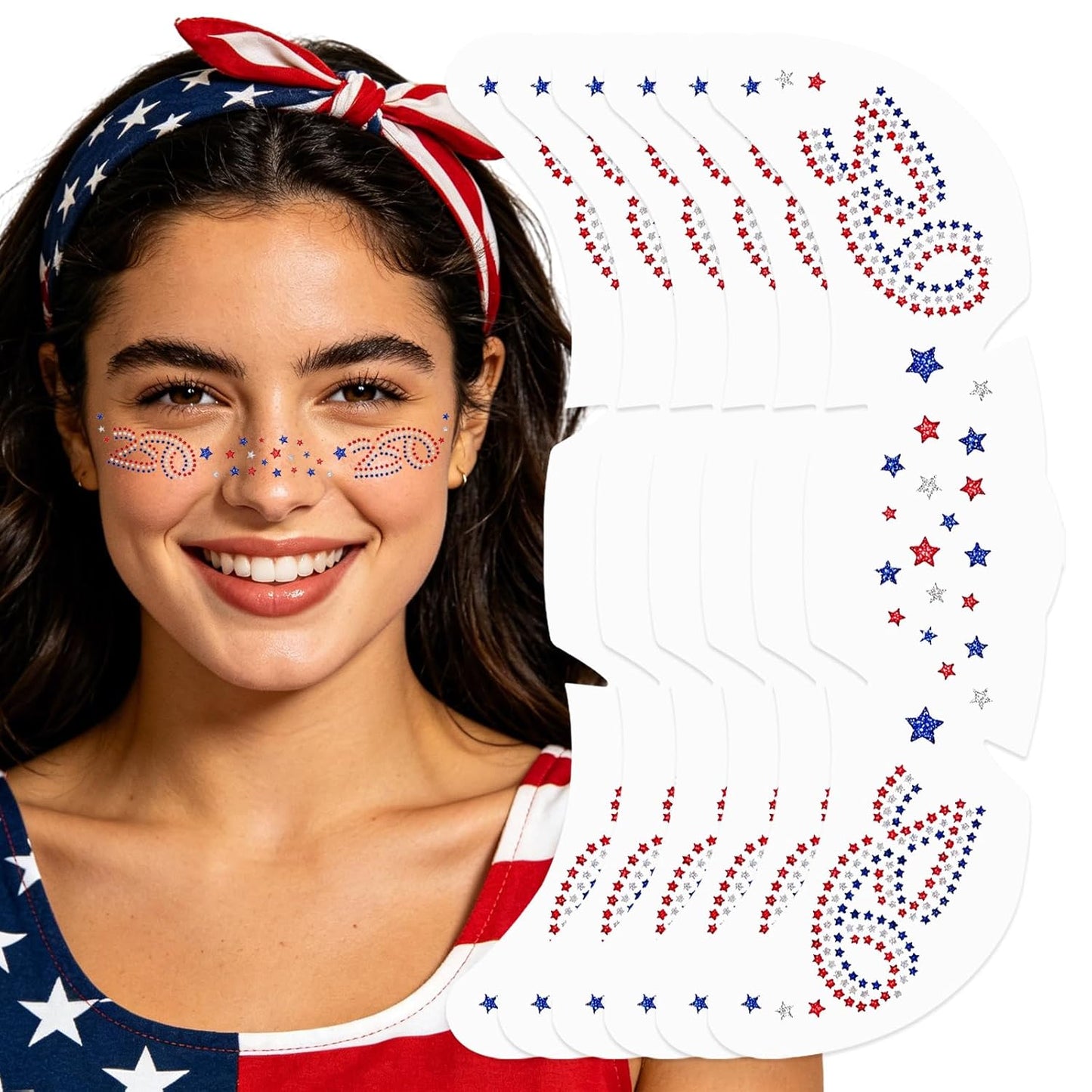 Mysense Waterproof 4th of July Temporary Tattoos - Red, White & Blue Glitter Face Stickers | Easy Application, 6 Sheets