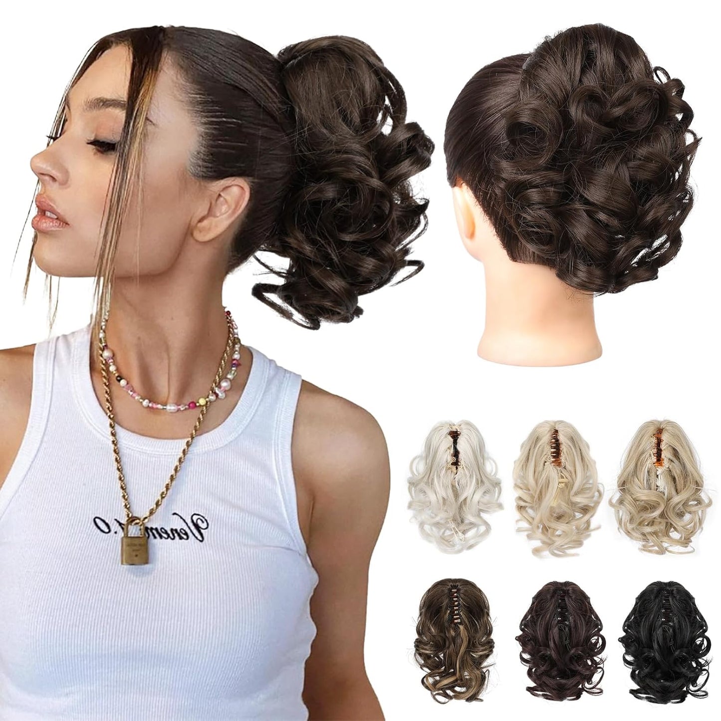 Ponytail Extension - 9" Short Curly Wavy Claw Clip Hairpiece | Chocolate Brown with Highlights