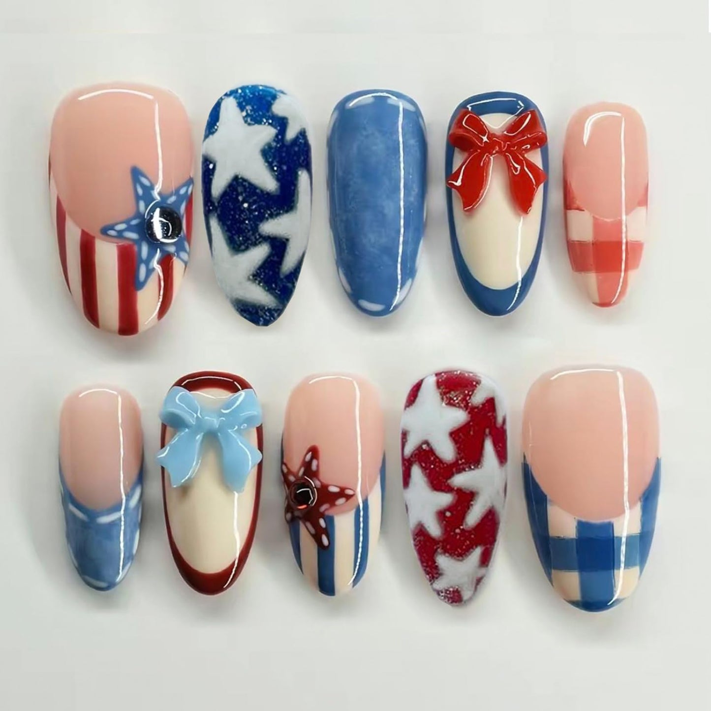 24Pcs 4th of July Press on Nails Medium Almond French Tip Fake Nails Red White Blue Glitter Star Patriotic False Nails with Bow Charms Designs Independence Day Acrylic Stick on Nail for Women Manicure