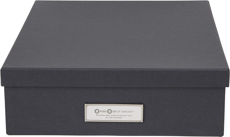 Bigso Oskar Fiberboard Label Frame Document Letter Box - File Organizer Box for Important Paperwork - Document Storage with a Lid & Metal Label Window - 3.3 in x 10.2 in x 13.8 in - Dark Grey