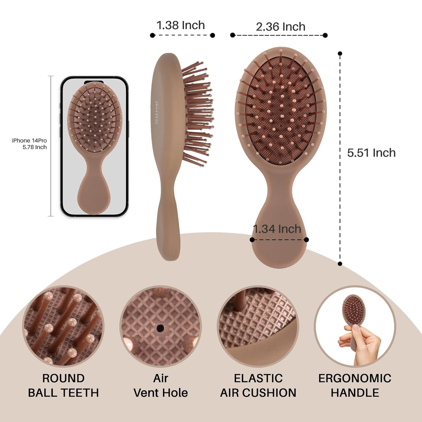 Mini Hair Brush for Women, Men & Kids - Travel Size Cushion Paddle Brush with Soft Bristles | Mocha Color
