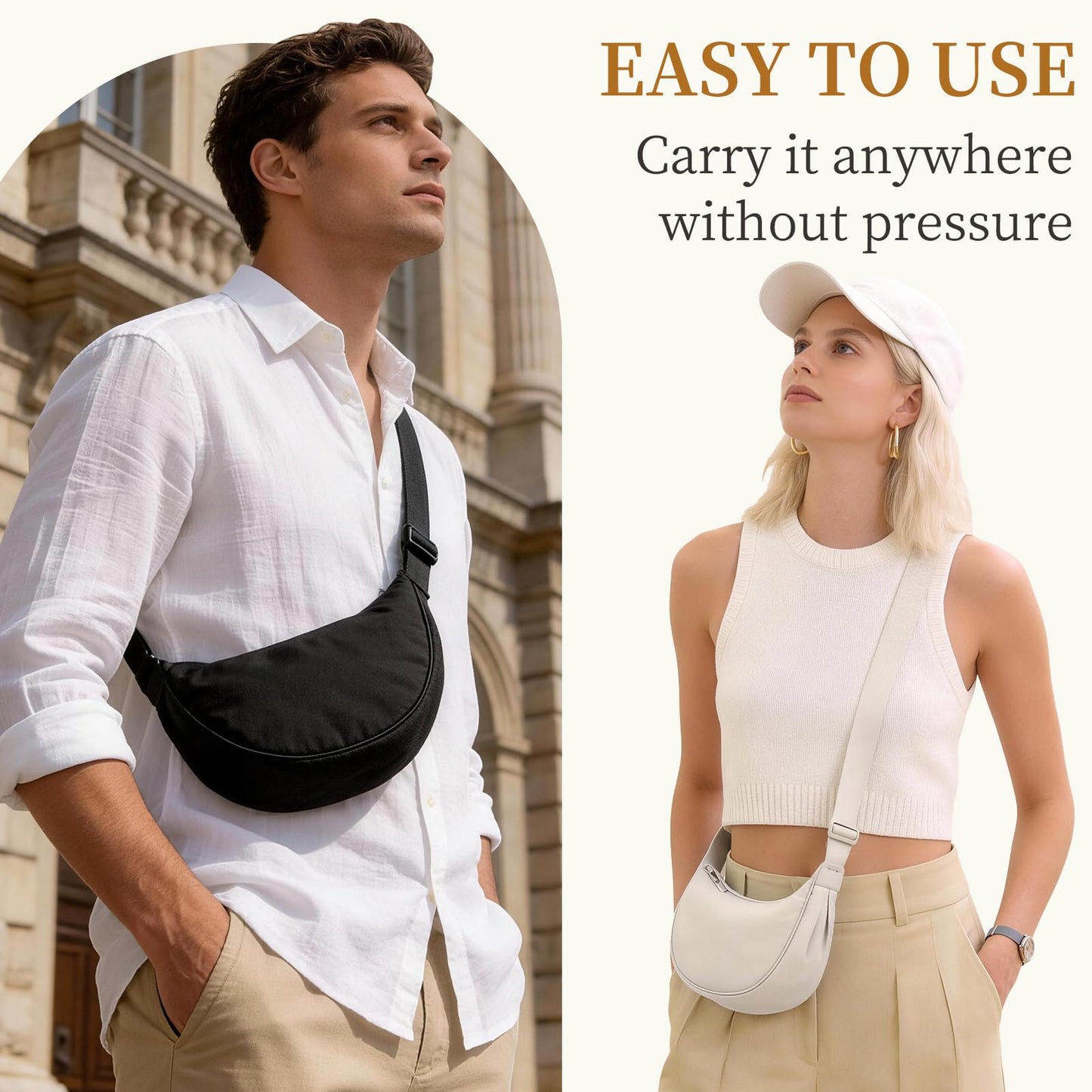Crossbody Crescent Bag Quilted,Crossbody Bag for Women and Men,Trendy Crossbody Hobo Bag for Work Travel Shopping,Beige