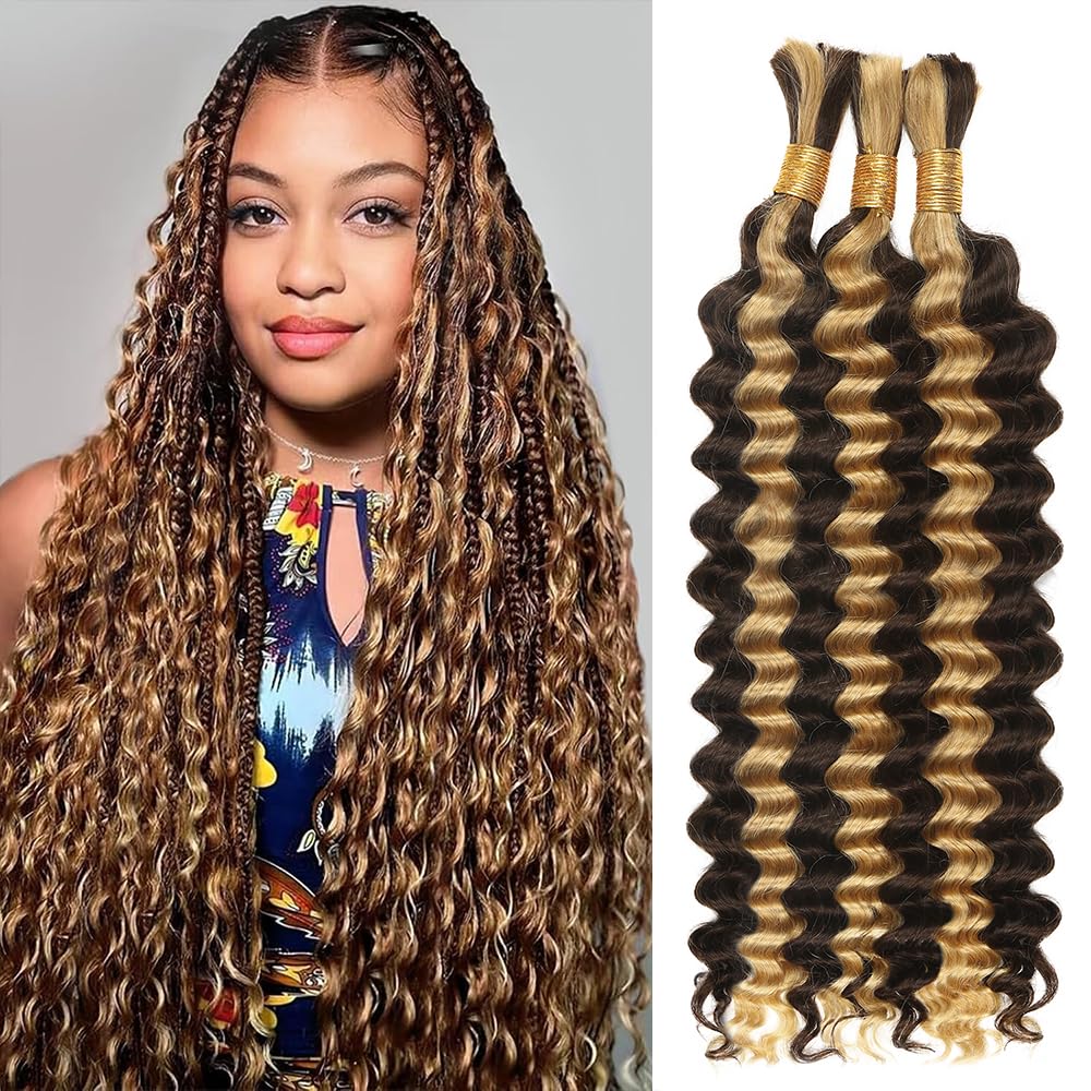 Human Braiding Hair - Ombre Deep Water Wave | 150g 16 Inch Curly Braiding Bundles, 1B/30 Highlights