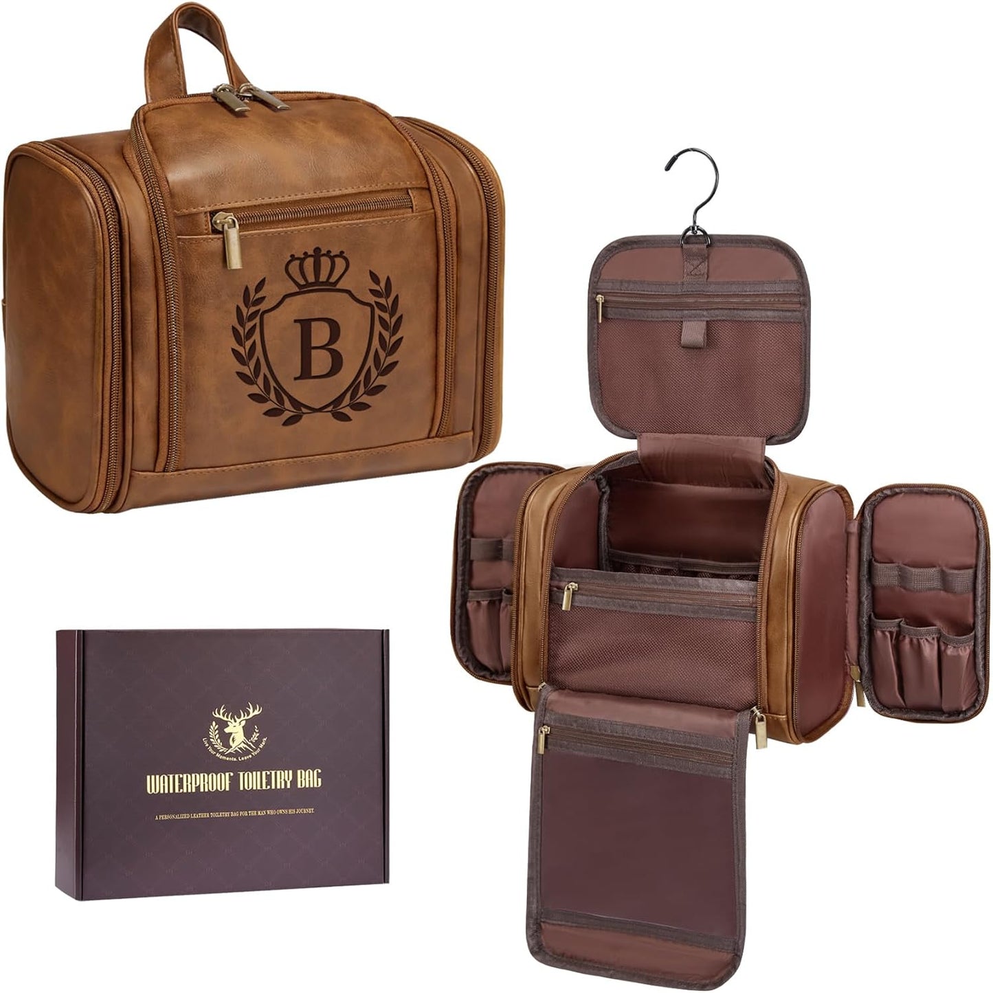 Personalized Leather Travel Toiletry Bag | Men's Dopp Kit Organizer - Tan Brown with Initial J