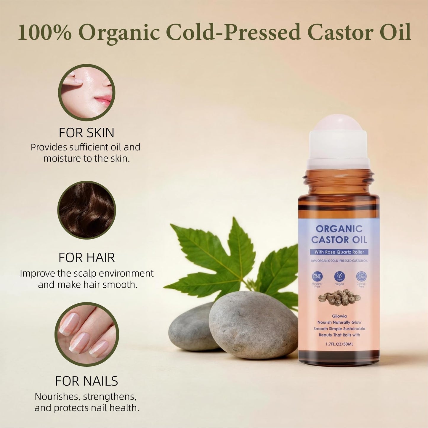 Organic Castor Oil Roll On Rose Quartz Roller Ball Applicator Cold Pressed, Hexane Free Eyebrow Growth, Lash Care, Cuticle & Hair Care Amber Glass 1.7 fl oz