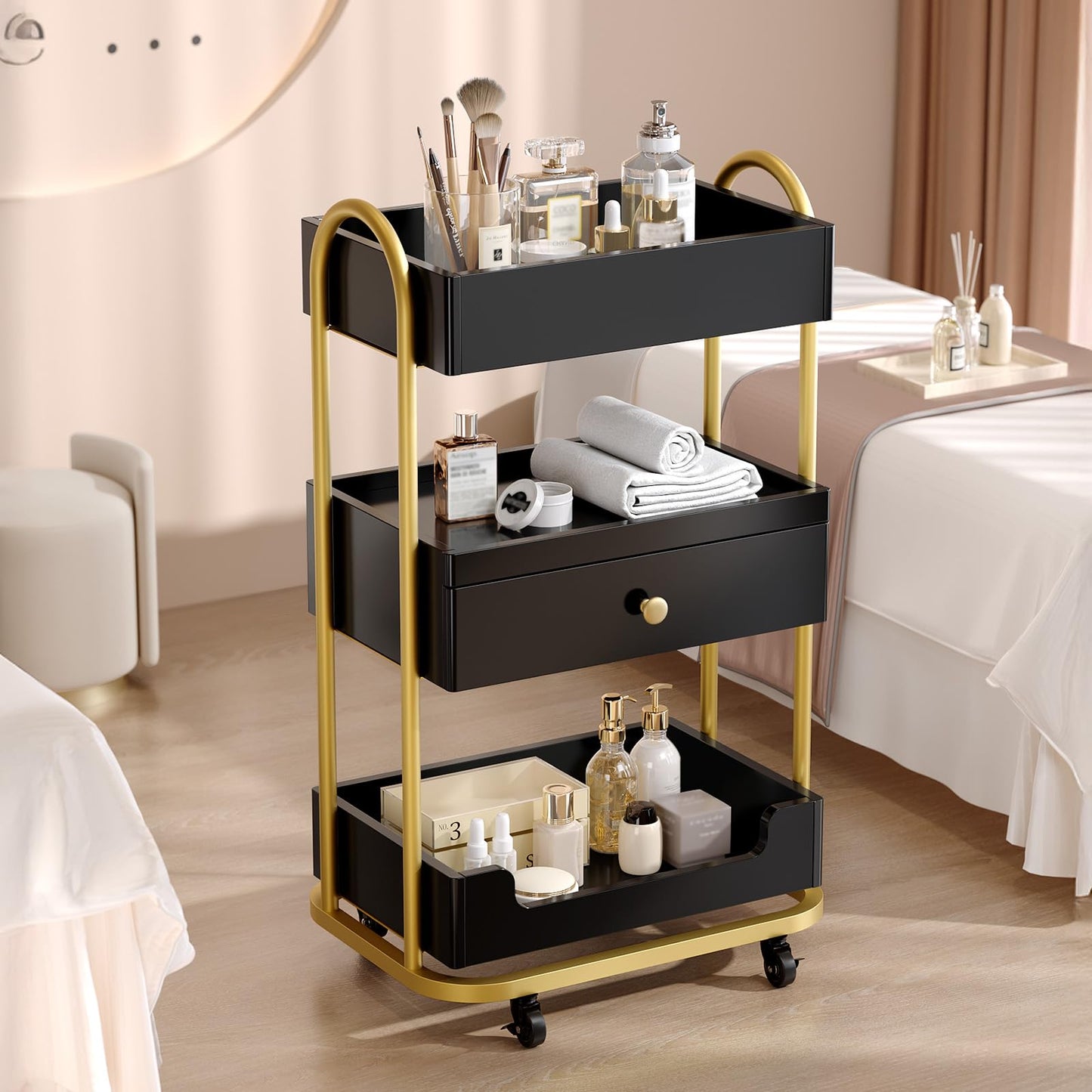 OmySalon Salon Trolley Cart, Hair Styling Station with 3 Trays & 1 Drawer, 2 Lockable Wheels, Esthetician Cart Mobile Storage Cabinet for Beauty Spa Barbershop, Black