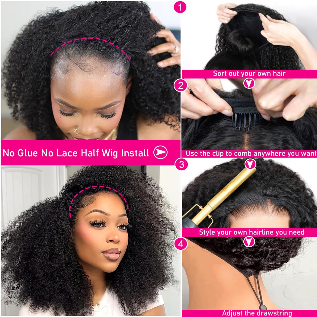 Glueless Half Wig - Kinky-Curly Human Hair Headband Wig | 200 Density, 16 Inch for Black Women