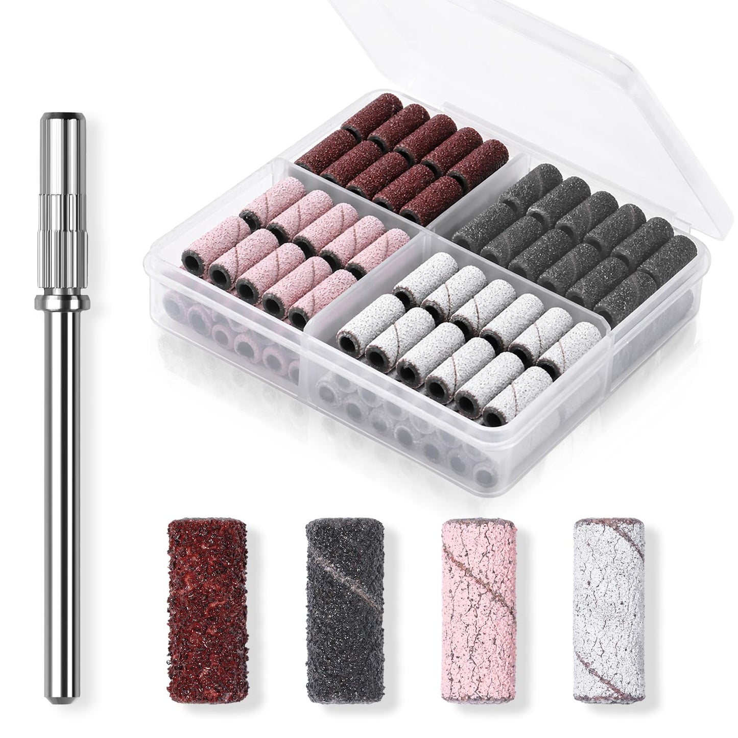Makartt Nail Drill Bits Sanding Bands for Nail Drill, 100Pcs 4 Color Coarse Fine 80/120/180/240 Grit File Sand with 3.1mm Mini Mandrel Nail Bit Set for Acrylic Nails Gel Manicures and Pedicure