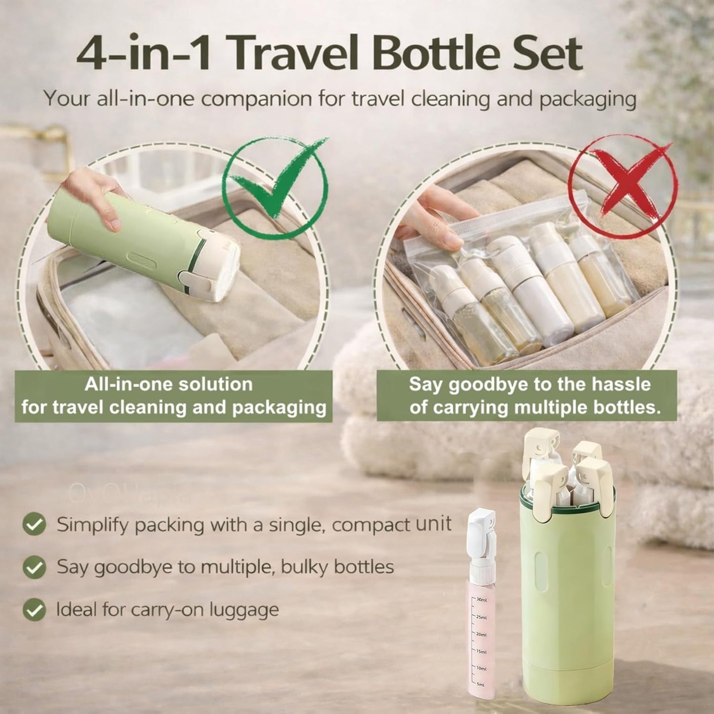 Travel Bottles for Toiletries - 4-in-1 Leak-Proof Pump Dispenser | Compact No-Spill Containers (Green)