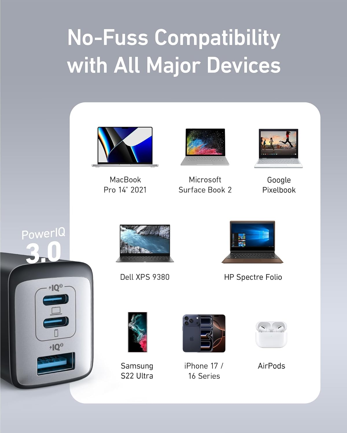 Anker 65W 3-Port Fast USB C Charger - Compact & Foldable for MacBook Pro, iPad Pro, iPhone 17 Series & More