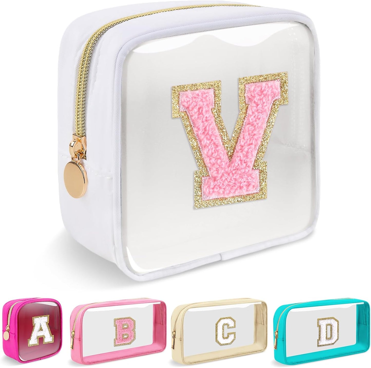 Personalized Initial Makeup Bag - Waterproof Nylon Cosmetic Pouch | A-Z Chenille Letter Patch, White-Pink G