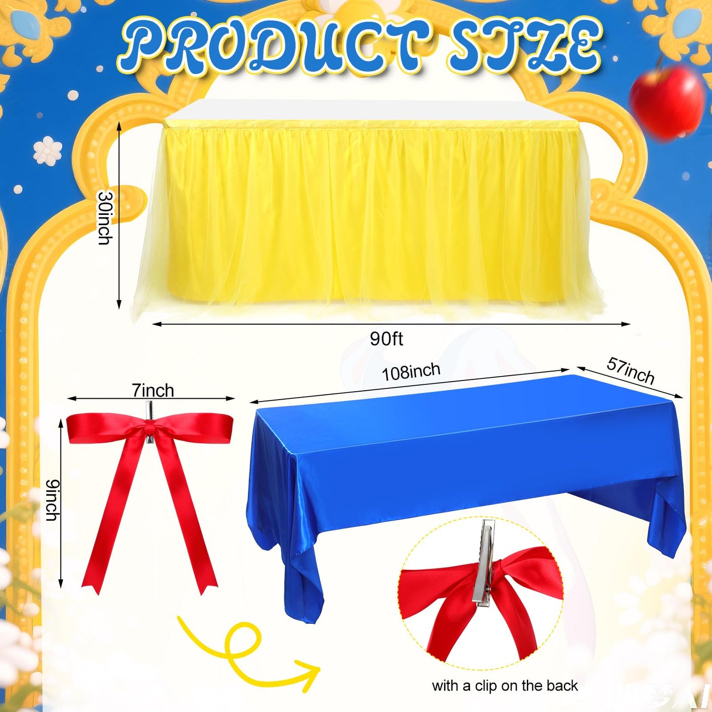 Windkream Princess Snow Party Tablecloth Blue and Yellow Tulle Table Skirt 30 x 108 Inch Snow Princess Tables Cover for Birthday Party Decor Supplies