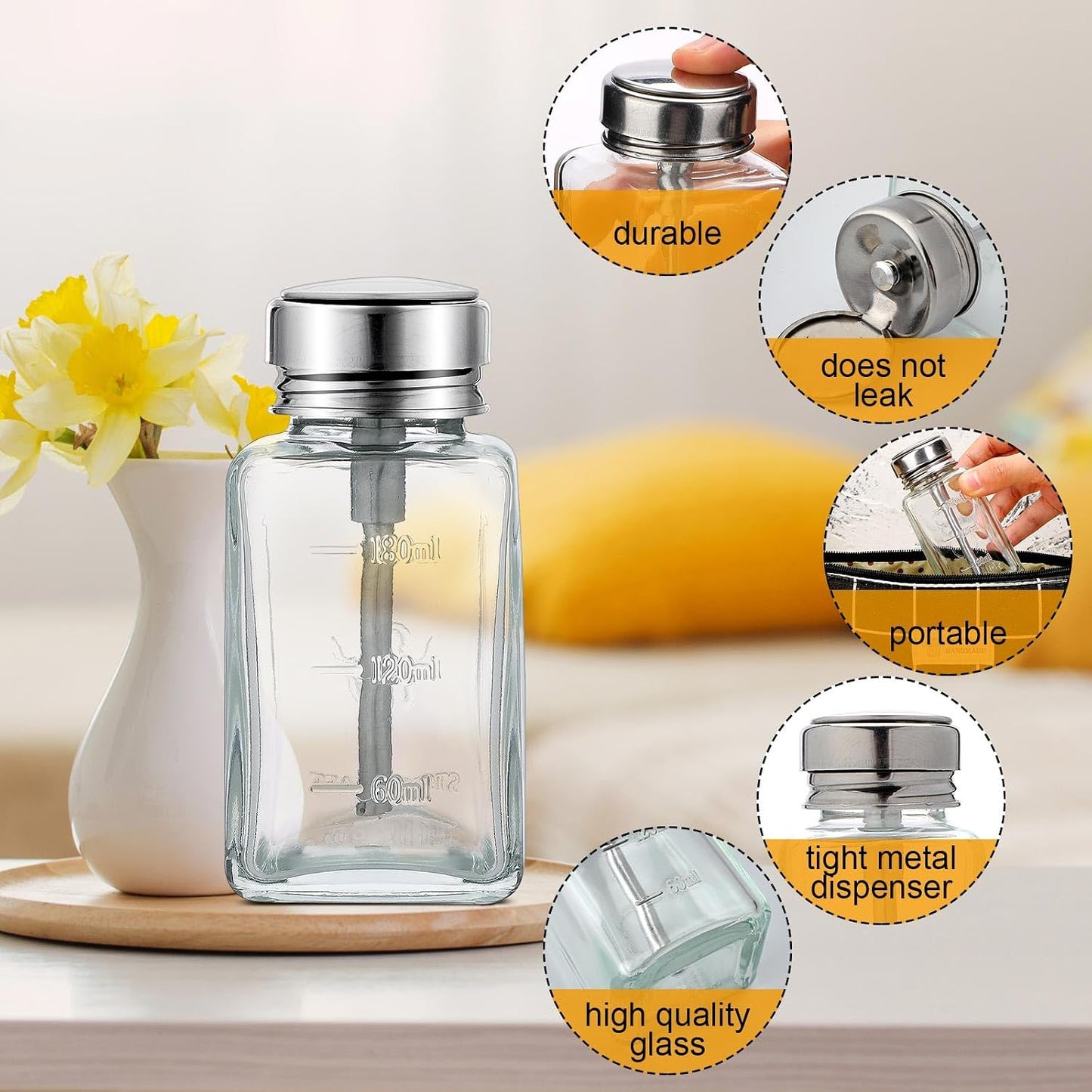 Acetone Pump Dispenser - 2 Pcs 6 Oz Clear Refillable Bottle with Flip Cover | Nail Polish Remover & Makeup Remover