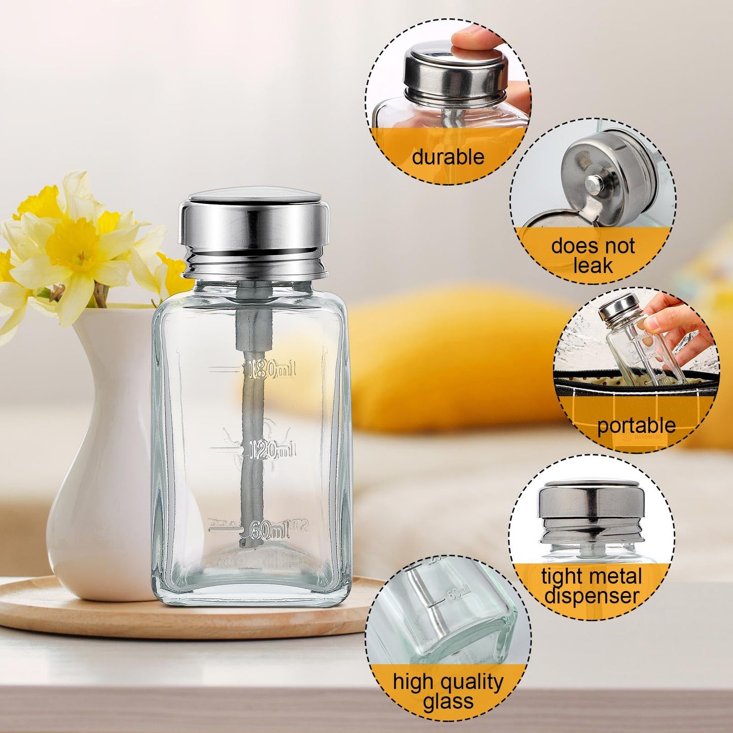 Lallisa 2 Pcs 6 Oz/ 180 ml Acetone Pump Dispenser Clear Pump Dispenser Bottle with Flip Cover Glass Nail Polish Remover Push Down Bottle Refillable Press Container for Makeup Remover