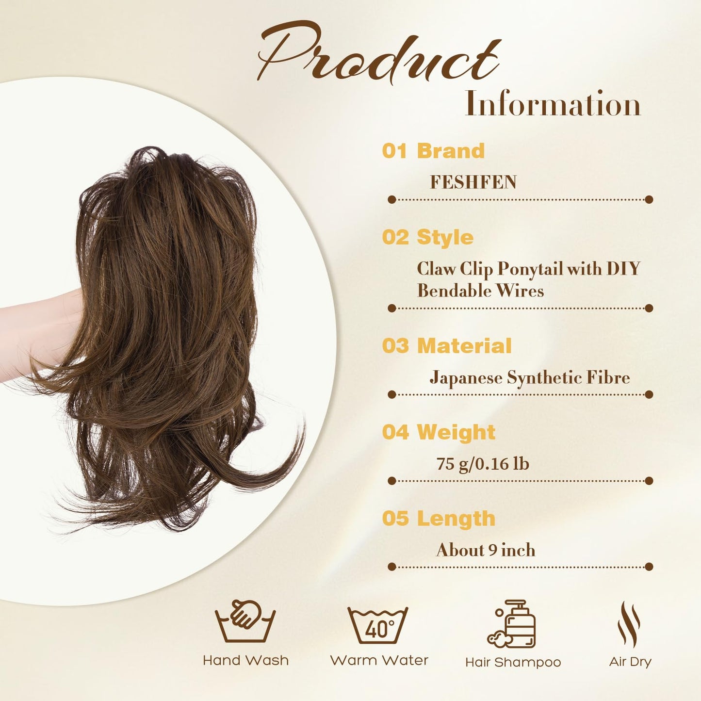 FESHFEN Claw Clip Short Ponytail Extensions - DIY Bendable Metals Fluffy Messy Bun Hair Piece Straight Synthetic Hairpieces Ponytail Extension for Women, Mix Brown