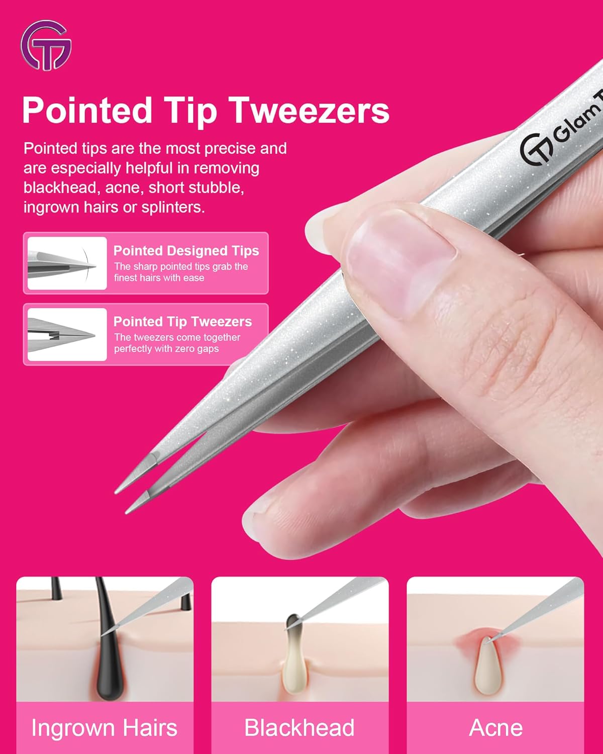 Expert Slant & Point Tip Tweezer Set - Precision Eyebrow Tweezers with Travel Case | Sparkle Hot Pink & Silver